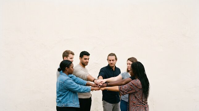 Diverse team stacking hands in unity and collaboration during motivational group activity