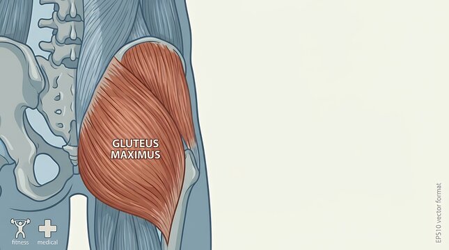 A detailed anatomical illustration or map of the human body focusing specifically on the Gluteus Maximus muscle provided in EPS10 vector format for fitness and medical use. human body muscle map