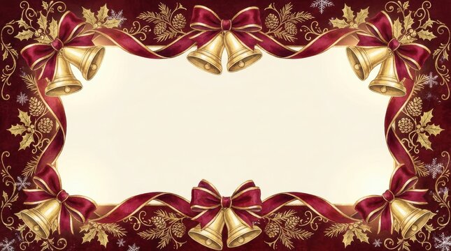 Christmas background with golden bells, red ribbon and pine cones