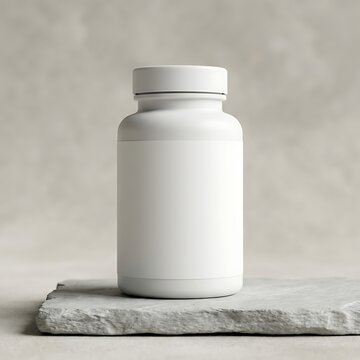 Empty white supplement pill bottle placed on rough natural stone slab with neutral textured background for cosmetic skincare health wellness product branding display.
