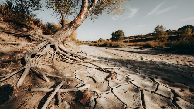 Dry Riverbed with Twisted Tree Roots and Cracked Land in Sunlit Landscape