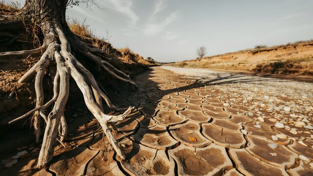 Drought-affected landscape with cracked earth and exposed tree roots