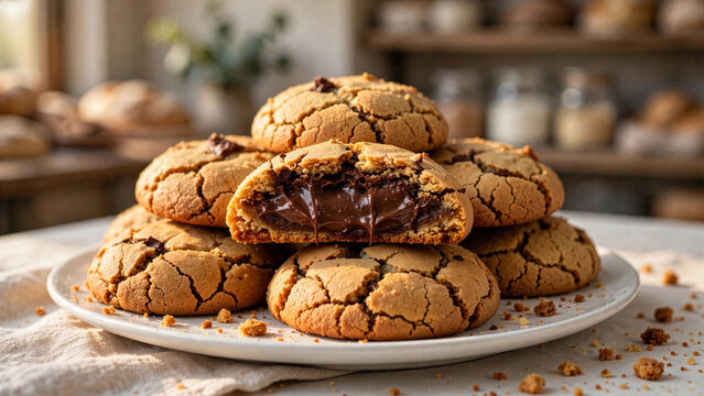 A stack of freshly baked golden-brown cookies with cracked textures sits on a plate, featuring a prominent half cookie overflowing with thick melted chocolate filling.