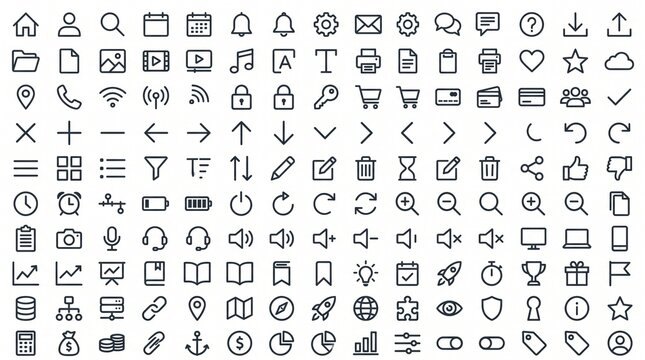 Comprehensive set of flat line vector icons for web interface and mobile application design