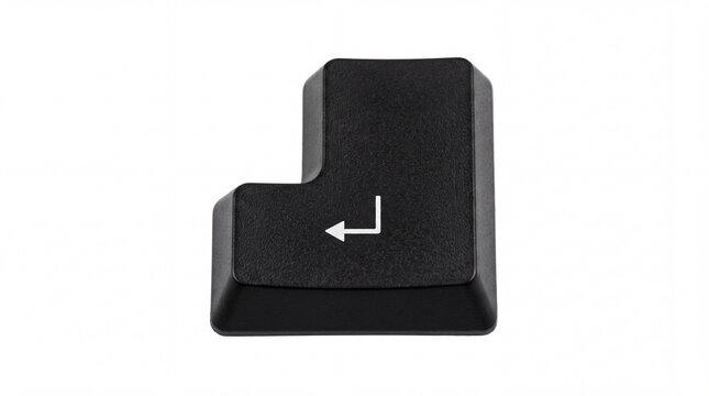 Black enter keyboard button showing white arrow icon isolated in professional studio lighting style positioned centered on white background
