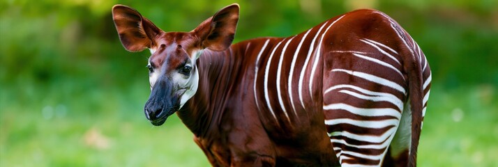 Naklejka premium Close up picture of an okapi standing in the forest in Africa with green vegetation background