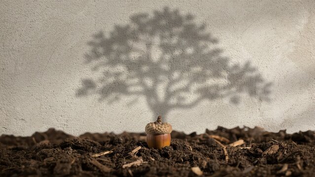 A single acorn sits on soil with a large oak tree shadow projected against a wall. Represents growth, potential, and new beginnings in business.