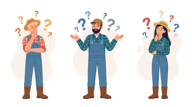 Three confused farmers with question marks above their heads, thinking, indecision, rural life challenges, agricultural problems