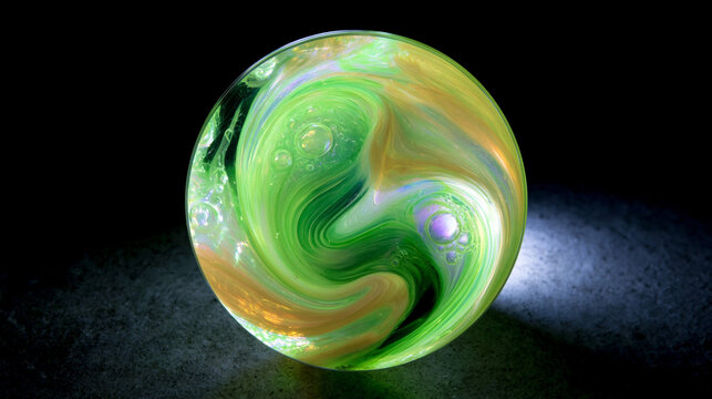 Glowing green glass sphere with swirling iridescent patterns and bubbles illuminated against a dramatic black background