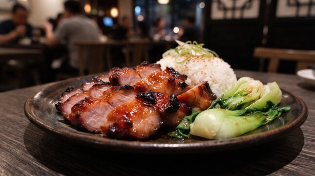 Cantonese char siu pork with caramelized glaze, jasmine rice and baby bok choy in an intimate modern restaurant.