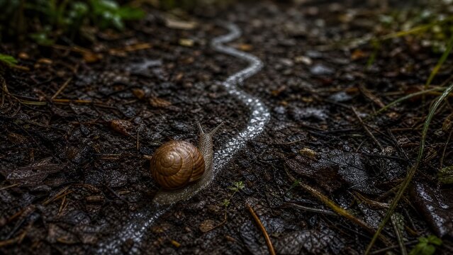 Snail's Trail on Forest Floor: A close-up view of a snail leaving a glistening slime trail as it slowly navigates a dark, damp forest floor covered in fallen leaves and moss.