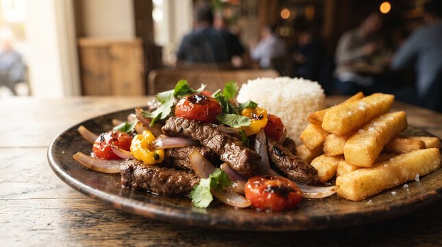 Peruvian lomo saltado with seared beef, caramelized onion, tomato, crispy fries and steamed rice in a modern restaurant.