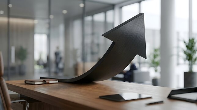Large dark growth arrow curving upward on a wooden office desk indoors