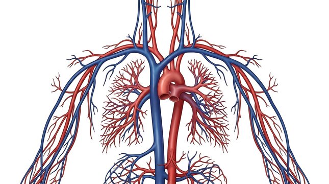 Medical illustration of bovine cow organ circulatory system showing arteries and veins in a detailed anatomical view on white background