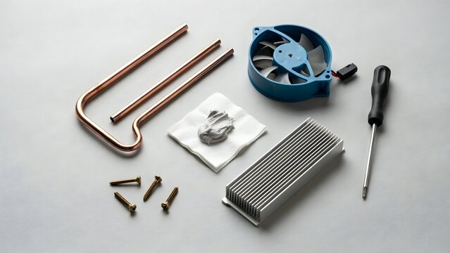 Assorted Computer Cooling and Maintenance Tools with Screwdriver and Screws
