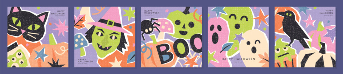 Naklejka premium Set of Halloween card designs in modern paper cut collage style with grainy texture. Featuring witch, ghosts, cat and pumpkins for spooky holiday greetings, vector illustration.