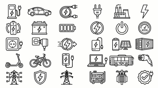 Electric car charging battery power station and electricity editable outline icon set