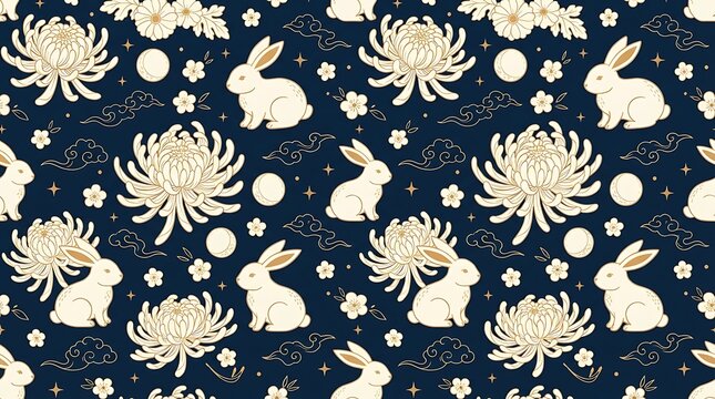 Mid autumn festival white rabbits and chrysanthemum flowers seamless pattern