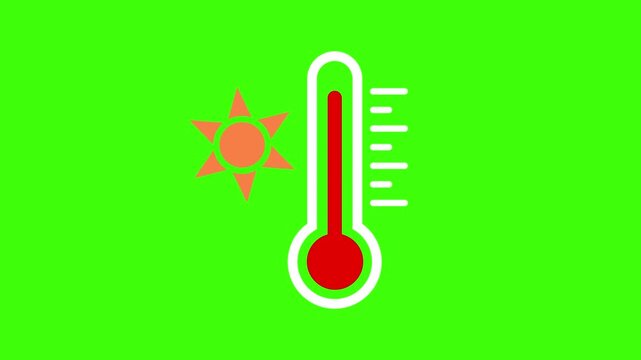 Animated thermometer icon on green screen. Animated thermometer with sun icon showing high temperature for summer season and hot weather. Thermometer Icon for Temperature Measurement. 4k video