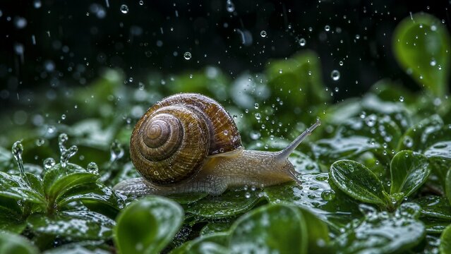 Snail in the Rain: A solitary snail navigates through lush green foliage amidst a gentle downpour, its shell glistening with raindrops. Capturing the quiet resilience of nature.
