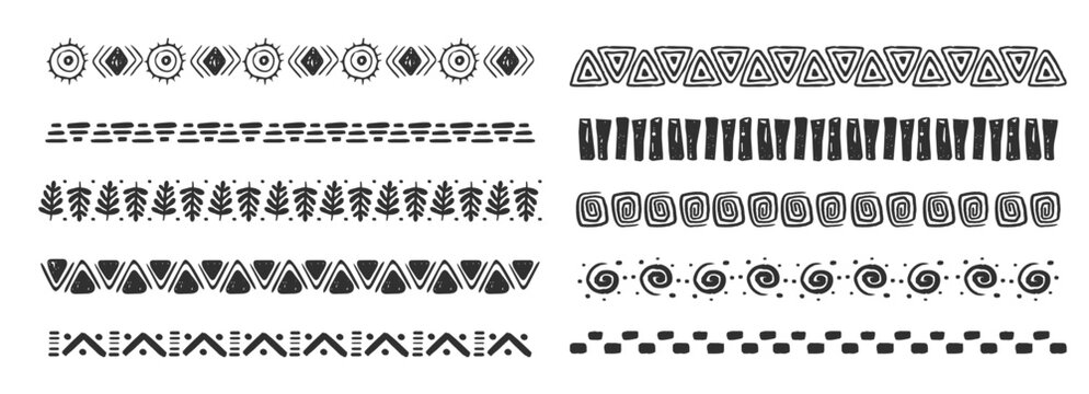 Tribal border set with African motifs crayon scribbles geometric patterns. Polynesian lines and ancient wave designs for ethnic decor projects.