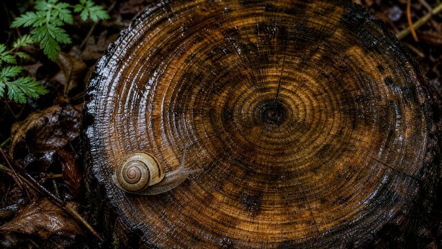 Snail on a Tree Stump: A delicate snail with its spiral shell traverses the weathered surface of a tree stump, surrounded by damp forest floor foliage.