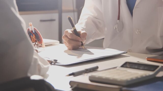 Doctor holding and pointing to an anatomical model of human lungs in a clinical office setting
