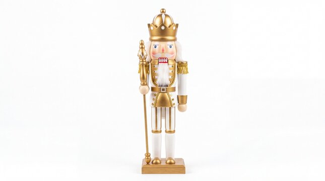 Traditional wooden nutcracker king figure wearing golden crown and festive uniform holding a tall staff isolated on white background