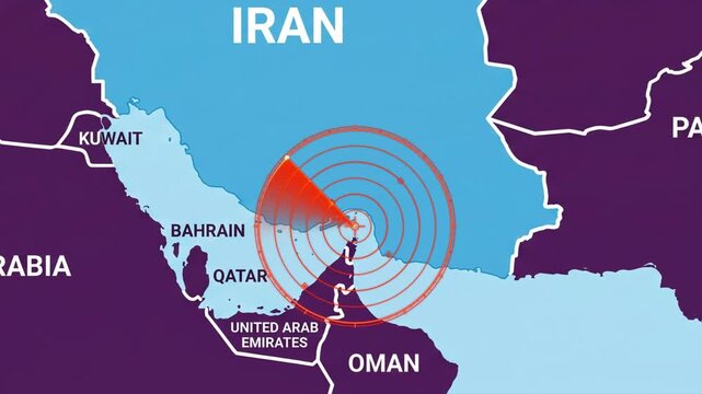 Strait of Hormuz Geopolitical Tension Map with Radar Scan Animation in Persian Gulf