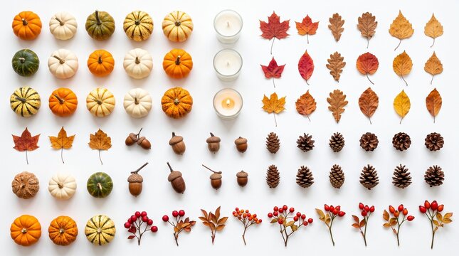 Autumn Harvest Flat Lay with Pumpkins Leaves Acorns Pinecones and Berries