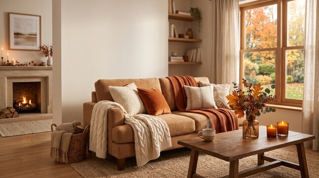 Cozy Autumn Living Room Scene with Fireplace and Fall Decor