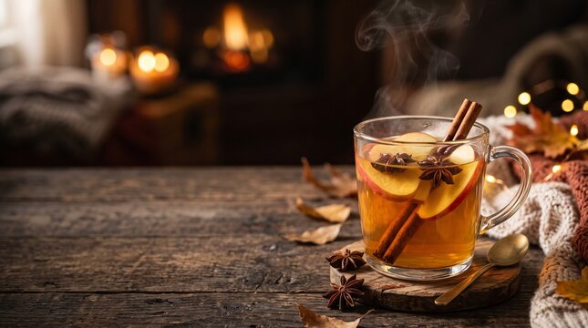 Cozy Autumn Drink with Spices and Apples by a Fireplace