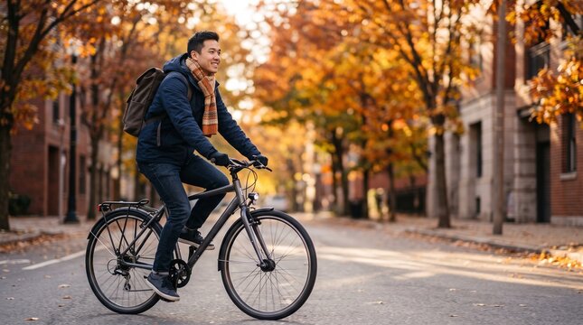 Man riding bicycle on street with autumn trees and fall foliage