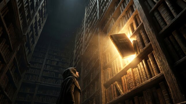 Mystical Book Glows in Ancient Library, Scholar Gazes Up