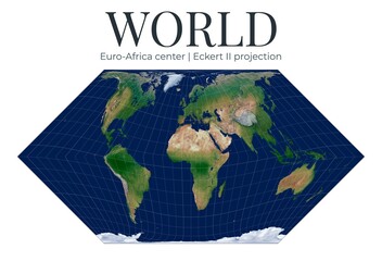 World Map. Eckert II projection. Compromise world map with rounded poles. Euro-Africa center at lat 10 lon 10. Detailed physical topography showing continents. © Eugene Ga