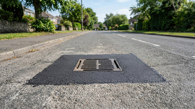 Metal storm drain grate on asphalt road in suburban residential street. Urban drainage infrastructure and sewer system for rainwater management and flood prevention concept