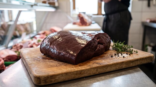 Professional butcher preparing fresh raw bovine cow organ liver on a wooden board with herbs in a clean high-end meat market kitchen