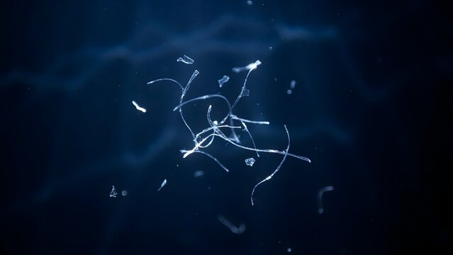 Close-up of String-like Fibers Floating in Dark Water, Abstract Pattern