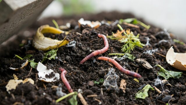 Close-up of earthworms and organic debris in soil for gardening or composting
