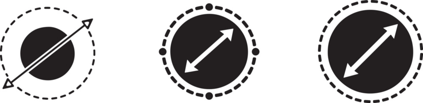 Black and white diameter icon set in multiple styles for geometry, measurement, engineering plan use.
