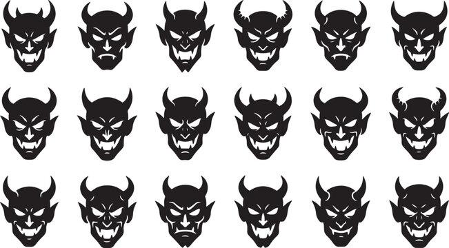 Set of black devil and demon face silhouettes with horns silhouette creature