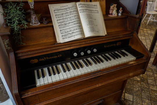 Piano keys on a vintage upright piano and wood grain of classic piano,Classical music instrument with polished wooden finish, education concept,concert promotion, copy space.