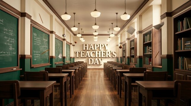 Empty vintage school classroom interior with wooden desks green chalkboards and warm hanging pendant light fixtures