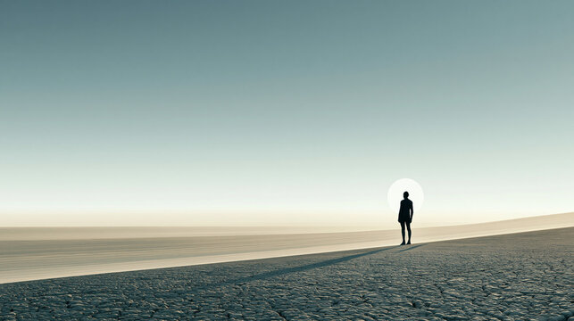 Lone silhouette standing on a vast cracked desert landscape