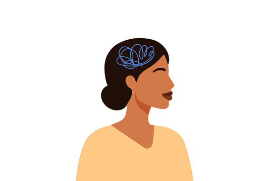 Minimalist vector illustration of a young woman side profile with a messy scribble inside her head, symbolizing mental health, anxiety, overthinking, stress, and women's psychological wellness. 