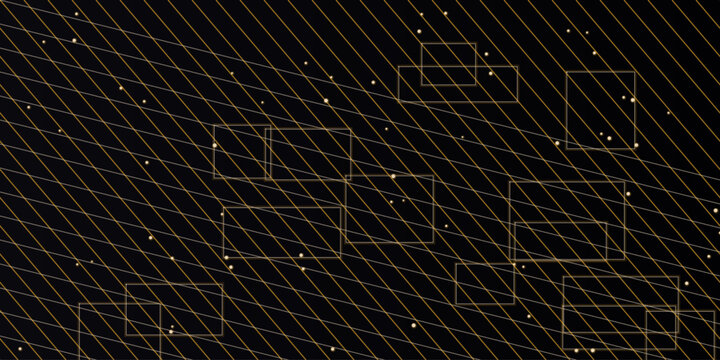  Abstract glowing golden diagonal lines grid pattern with geometric wireframe rectangles on black background