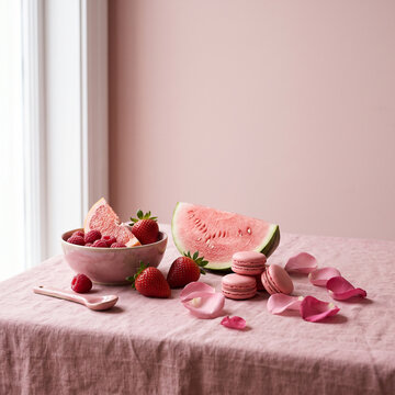 Luxury monochromatic pink still life featuring strawberries, pink grapefruit, watermelon, raspberries, rose petals and pink macarons arranged on a soft dusty pink background 