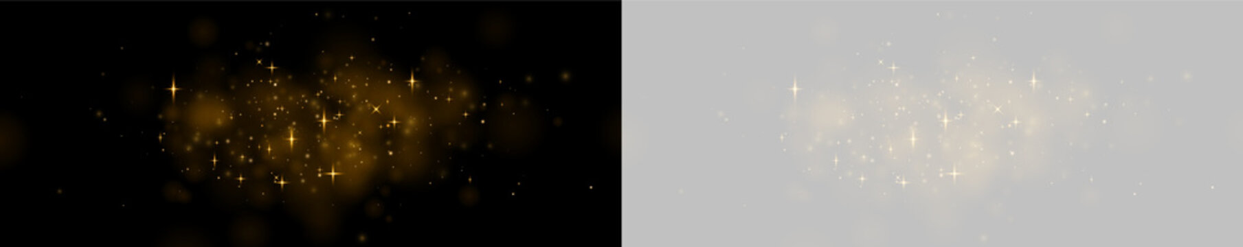 A cluster of bright golden sparkles floats on a black background. The sparkles vary in size and intensity with soft glowing halos. This magical glitter effect is suitable for festive or.