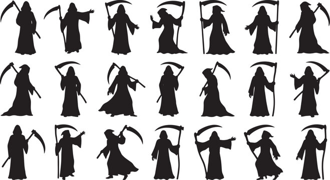 Death grim reaper silhouette poses with scythe in vector style