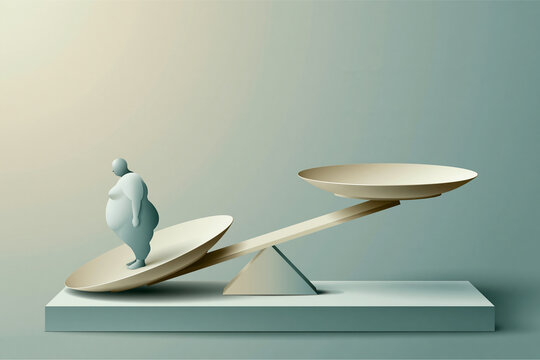 3D illustration of an unbalanced scale with a larger figure tipping the balance